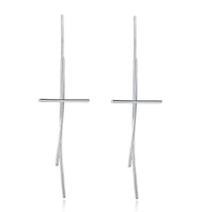 Dangle Drop Cross Long Elegant Solid 925 Sterling Silver Earrings:FJD,