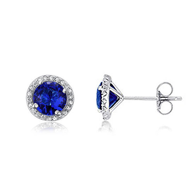 925 Sterling Silver Navy Blue Simulated Sapphire Stud Earrings:FJD,