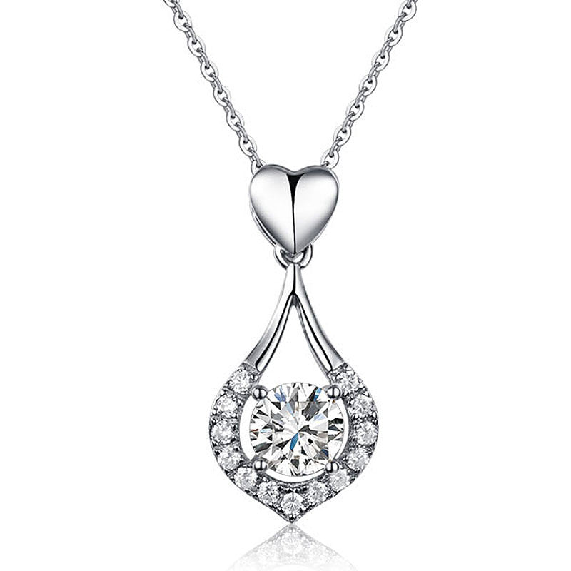 925 Sterling Silver Simulated Diamond Heart Tear Drop Pendant Necklace:FJD,