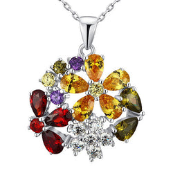 3.5 Carat Multi-Color Simulated Topaz Flower 925 Sterling Silver Pendant Necklace:FJD,