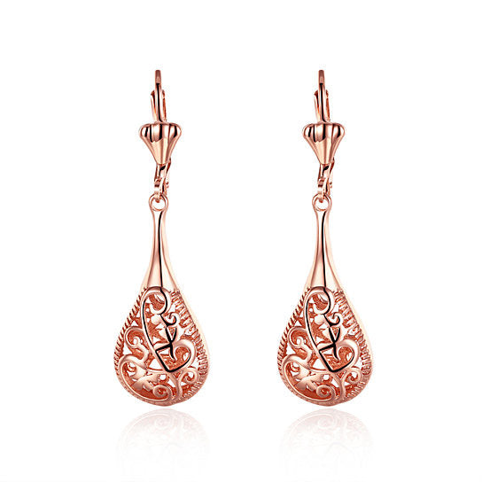 18K Rose Gold Laser Cut Drop Down Swarovksi Elements Earrings:FJD,