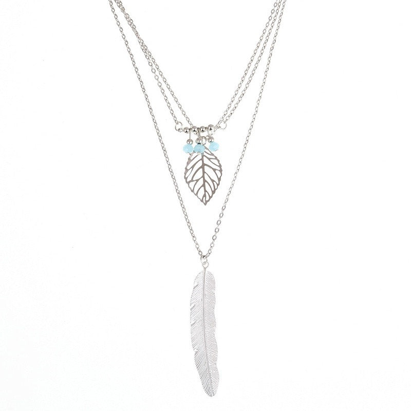 Simple Turquoise Leaf Pendant Feather Choker Necklace:FJD,