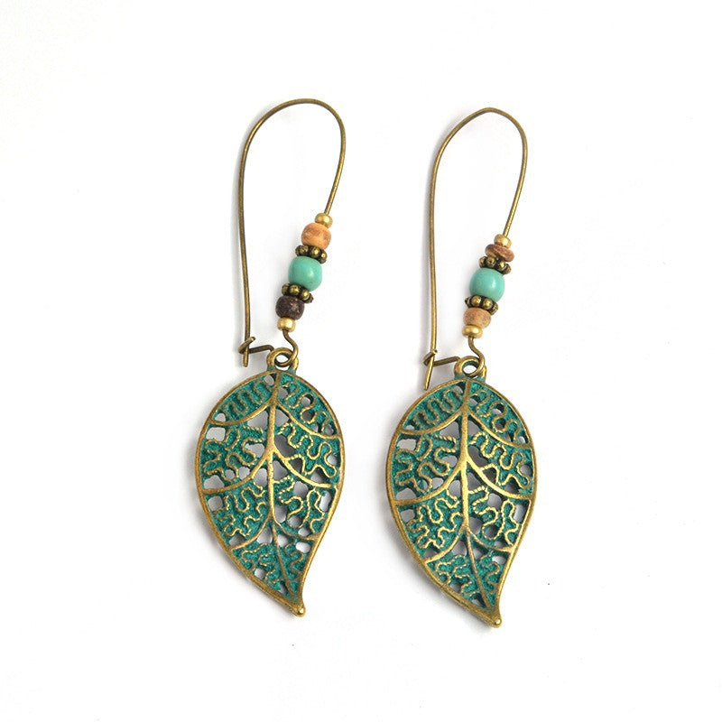 Vintage Hollow Leaves Beads Stud Bohemian Dangle Earrings:FJD,