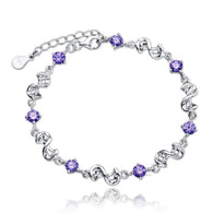 Womens 925 Sterling Silver Purple Crystal Love Chain Bracelet:FJD,