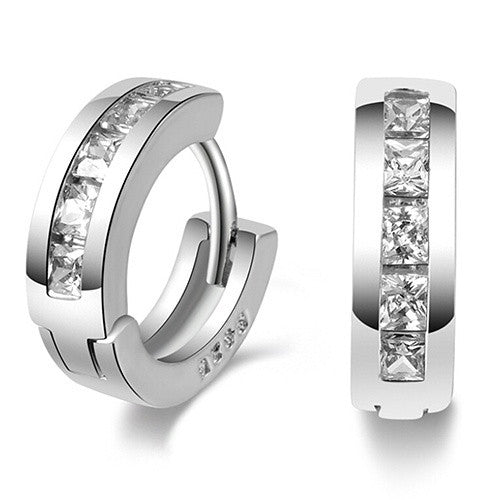 Silver Plated Square Crystal Inlaid Ear Stud Hoop Earrings:FJD,