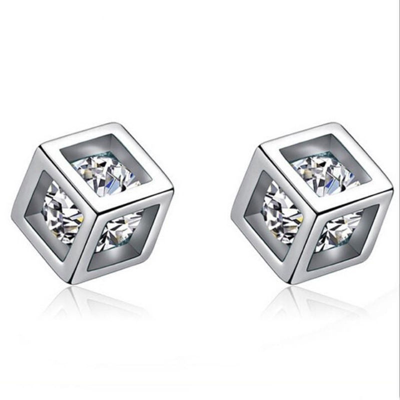 Square Magic Cube CZ Stud Earrings:FJD,