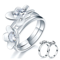 Solid 925 Sterling Silver 2-Pcs Butterfly Flower Ring Set:FJD,