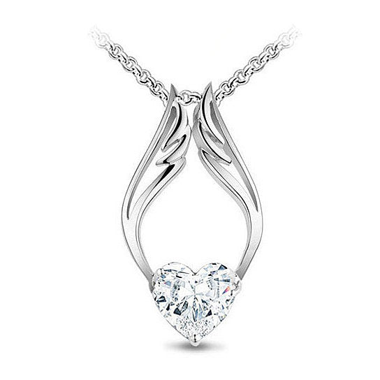 18K White Gold Plated Guardian Angel Wing Swarovski Elements Heart Pendant Necklace:FJD,