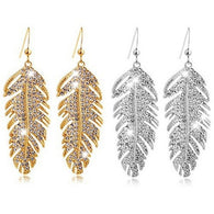 Retro Boho Alloy Feather Rhinestone Eardrops Party Hook Dangle Earrings:FJD,