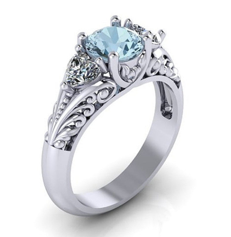 Aquamarine Floral Engagement Promise Solitaire Ring:FJD,