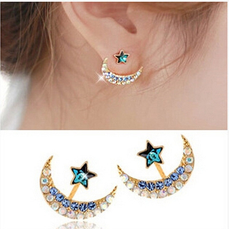 Moon Star Shape Crystal Rhinestone Stud Earrings:FJD,