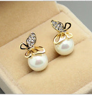 Pearl Crystal Golden Butterfly Imitation Stud Earrings:FJD,