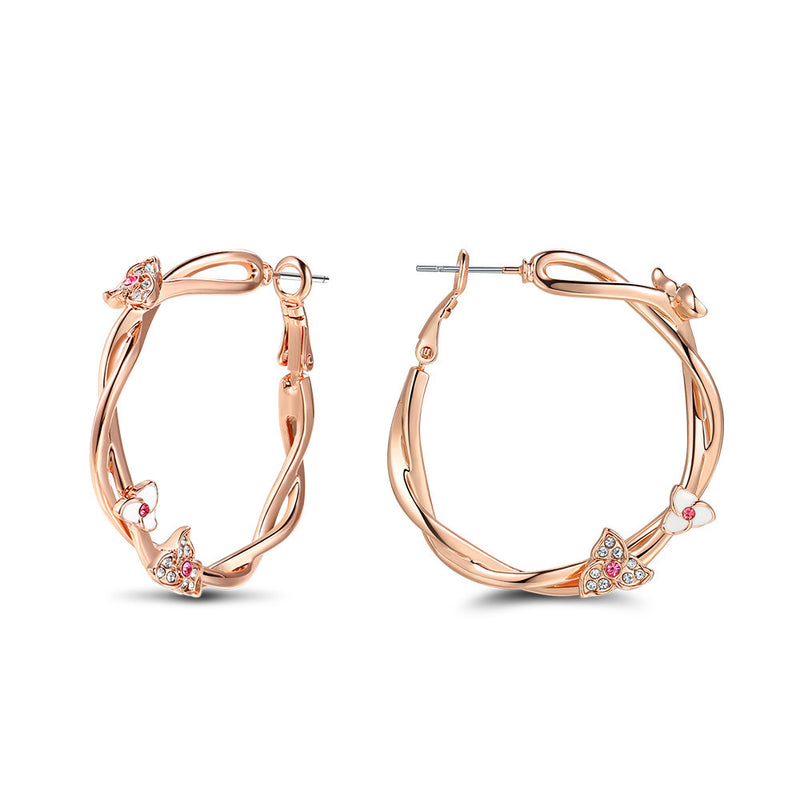 Viennois Rose Gold Color Flower Hoop Earrings for Woman Pink Rhinestone Large Twisted Circle Earrings Fashion Jewelry:FJD,