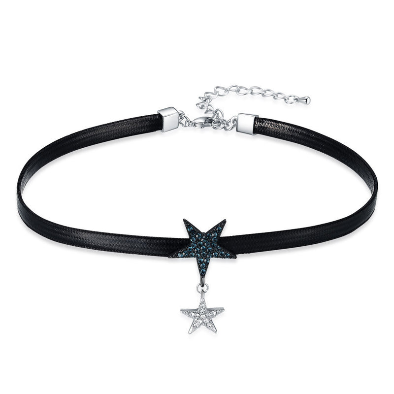 Viennois Silver Color Star Rhinestone Punk Leather Necklaces:FJD,