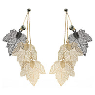 Viennois Gold & Black Hollow Out Maple Leaf Women Dangle Earrings Triple Leaves Long Drop Earring Jewelry With Rhinestone:FJD,