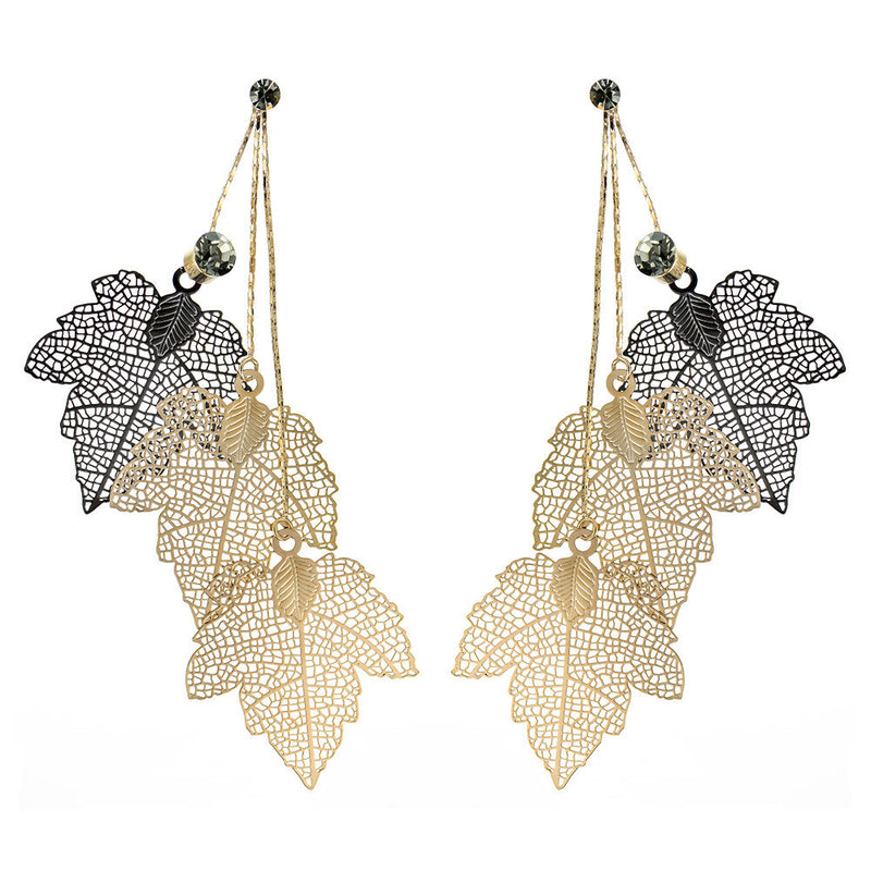 Viennois Gold & Black Hollow Out Maple Leaf Women Dangle Earrings Triple Leaves Long Drop Earring Jewelry With Rhinestone:FJD,